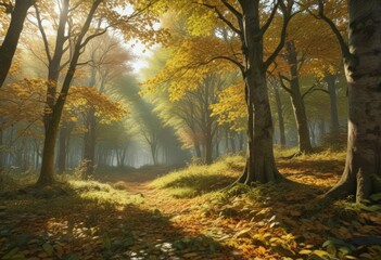 Fototapeta premium Sun-dappled autumn leaves, dense deciduous canopy, green undergrowth, foliage, canopy, botanical