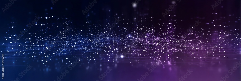Poster abstract digital background with pixel particles and lights on a dark blue gradient, a data