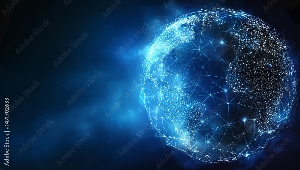 Poster abstract digital blue background with glowing network connections and a global map for technology,