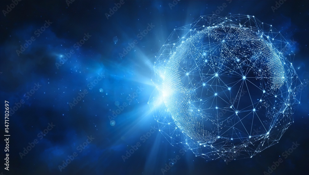 Poster abstract digital blue background with glowing network connections and a global map for technology,