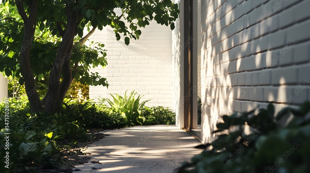 Poster a sun-drenched pathway leading to a stylish property, framed by lush greenery, creating a sense of t