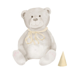 A brown teddy bear, a stuffed toy. Watercolor illustration. Funny toy animal with a bow, isolated on a white background. For the children's theme