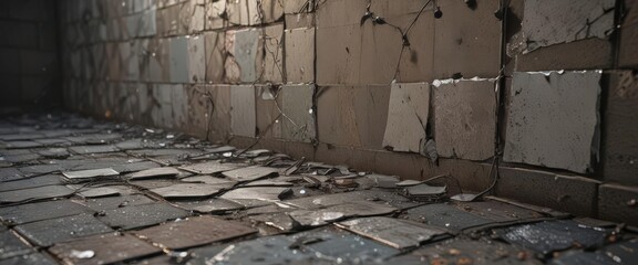 Shattered glass, cracked tiles, exposed wires  Grunge aesthetic ,  high resolution,  shadows