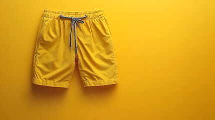 Bright yellow shorts with drawstring waist against a vibrant yellow background. 
