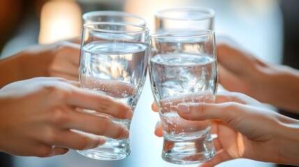 Group of friends toasting with glasses of water before a meal