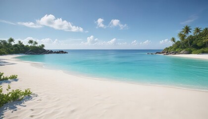Naklejka premium White sand beach, vibrant blue ocean, distant green island, sky, scenery, illustration