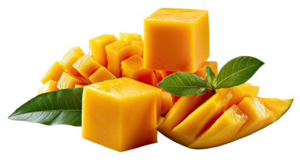 Mango's Fresh Cubes: Close-up shot of freshly cut mango, featuring neatly cubed pieces and slices with vibrant green leaves, showcasing the juicy, tropical delight.