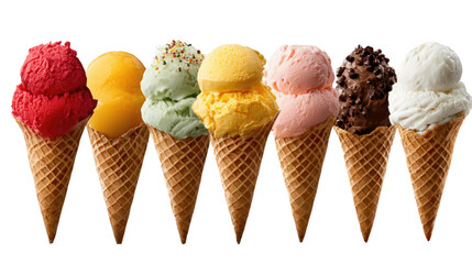 Sweet Indulgence: A delightful array of vibrant ice cream cones, each brimming with a unique, tempting flavor, stands as a testament to pure, summery bliss. Evoking memories of sweet delight.