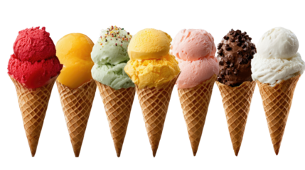 Sweet Indulgence: A delightful array of vibrant ice cream cones, each brimming with a unique, tempting flavor, stands as a testament to pure, summery bliss. Evoking memories of sweet delight.