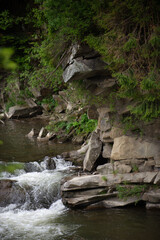 Rocky riverbank with flowing water and lush greenery near a tranquil stream in a natural setting during daytime