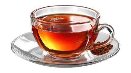 Invigorating Brew: A clear glass teacup sits elegantly on a saucer, filled with amber-colored tea. Next to it, scattered tea leaves hinting at a moment of pure serenity. 