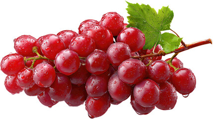 Fototapeta premium Ruby Red Cluster: A vibrant cluster of ripe, juicy red grapes, their glistening skins hinting at the sweet treasures within, along with fresh leaves, the epitome of natural, fresh, and healthy fruit.