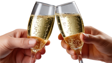 Champagne Toast: Two hands hold elegant champagne flutes, filled with bubbly beverage, in a gesture of celebration and cheer, perfect for festive occasions and joyous gatherings.