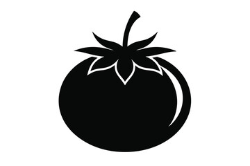 A sleek black tomato icon with classic stylized leaf and stem appears centered