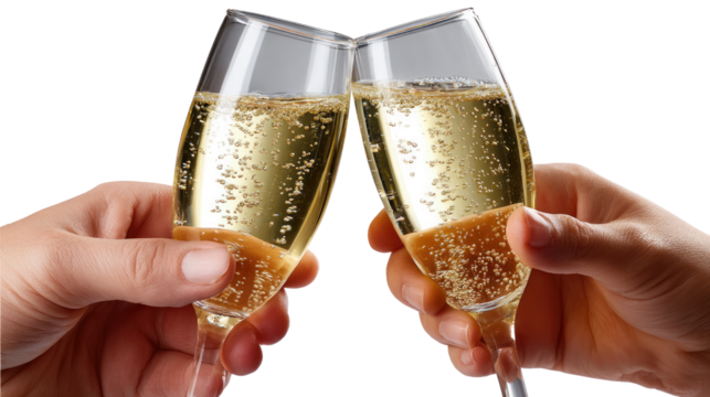 Champagne Toast: Two hands hold elegant champagne flutes, filled with bubbly beverage, in a gesture of celebration and cheer, perfect for festive occasions and joyous gatherings.