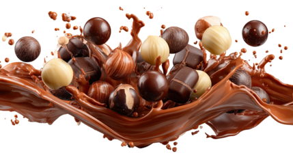 Delicious chocolate eruption: a captivating close-up that captures the rich essence of assorted chocolate candies amidst a flowing, creamy cascade. Immerse yourself in this decadent.