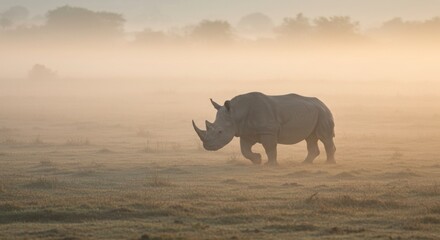 Fototapeta premium A majestic rhinoceros stands calmly in the morning light, surrounded by soft mist and natural wilderness, embodying strength and serenity.
