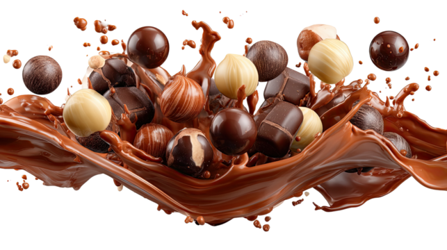 Delicious chocolate eruption: a captivating close-up that captures the rich essence of assorted chocolate candies amidst a flowing, creamy cascade. Immerse yourself in this decadent.