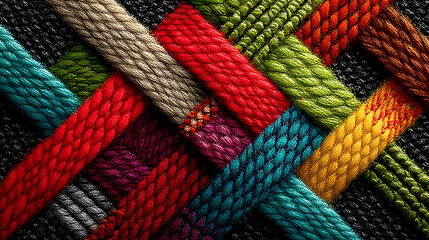 Abstract interwoven pattern of colorful knitted ribbons creating a rich textured background detailed closeup knitted strands