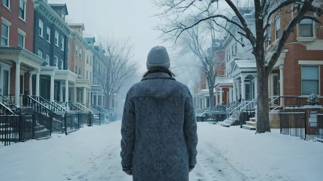 Person in thick coat walks down quiet winter street, fresh snow muffles city sounds while winter street drapes houses in white, slow steps echo through peaceful winter street dawn.