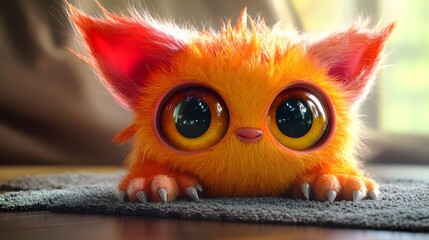Fototapeta premium Playful 3D furry creature with enormous eyes and copy space in charming pastel tones