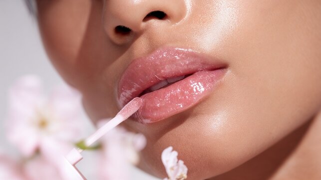 Glossy lips with lip gloss applicator and spring flowers
