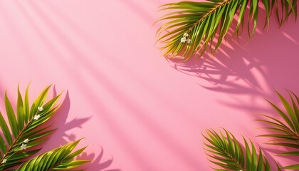 a palm tree against a pink background with a light blue shadow cast on the wall behind it, creating a tropical vibe.