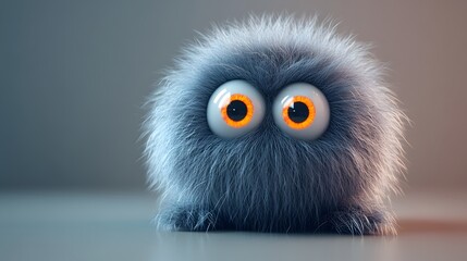 Adorable round 3D furry creature with big expressive eyes and copy space for text