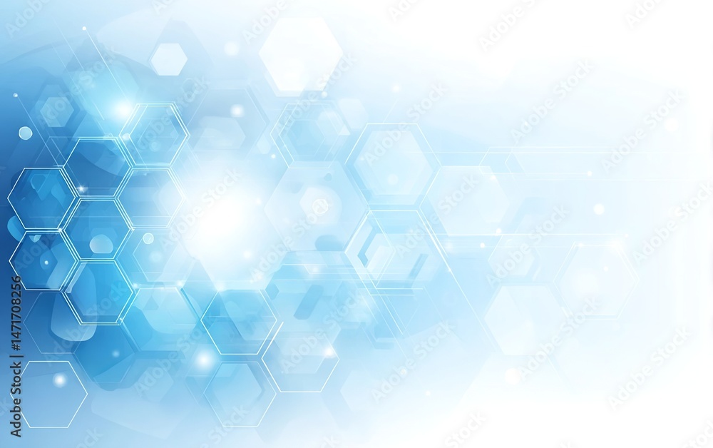 Poster abstract light blue background with hexagons and circles for technology or science presentation