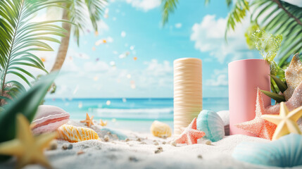Obraz premium Promotional summer background with a beach theme, cylindrical product display, and colorful decor