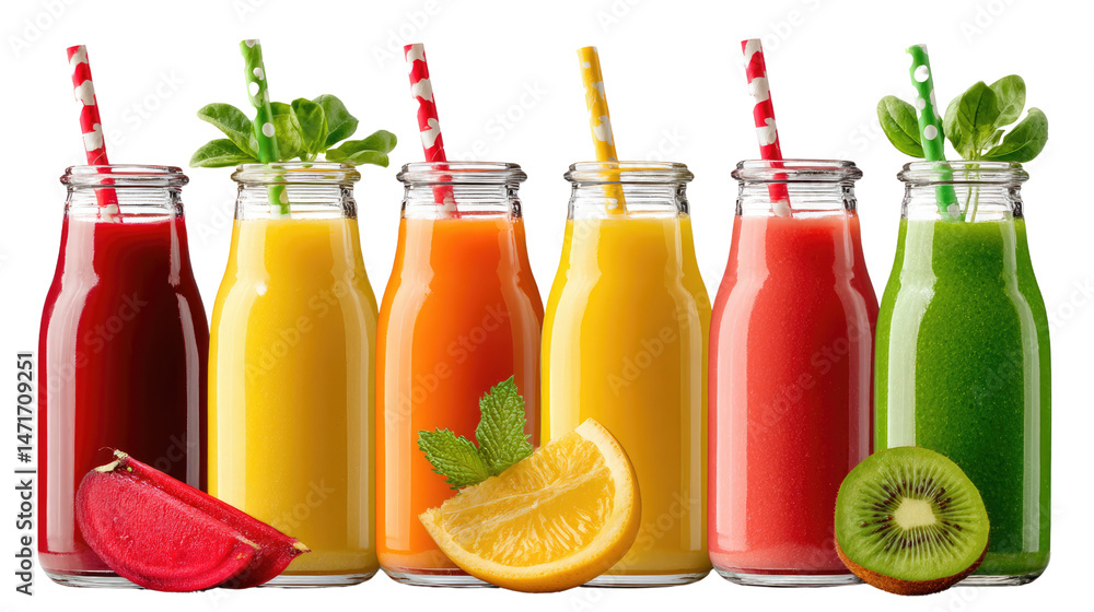 Poster juicy array: a vibrant array of colorful, freshly squeezed juices, each in its own glass bottle, com