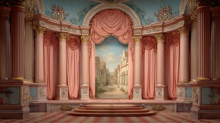 Obraz premium Ornate stage with pink curtains columns and painted backdrop in a theater.