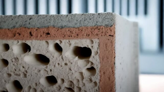 Cross-section of multilayer construction material demonstrating different layers with porous structure and insulation.