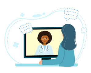Online children African American doctor medical consultation concept on white background. Call doctor using media platform.  reception of the patient. Vector illustration 