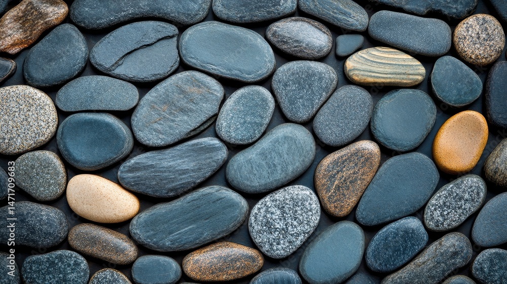 Poster a close-up view of various smooth stones arranged in a decorative pattern.