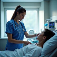 Obraz premium Female Nurse Caring for Patient in a Hospital Room with Medical Equipment