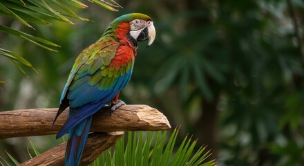 Fototapeta premium A green and yellow macaw perched proudly, displaying its vivid feathers and striking features in a tropical outdoor setting.