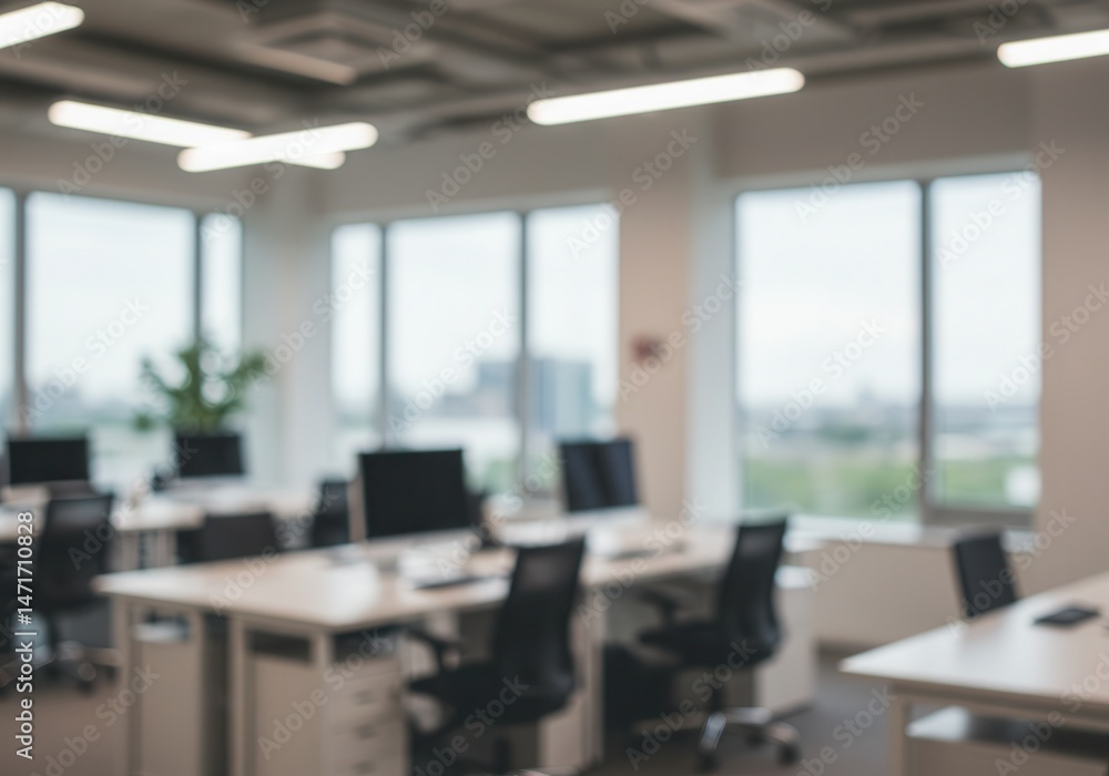 Poster blurred view of modern office space with desks chairs and computers