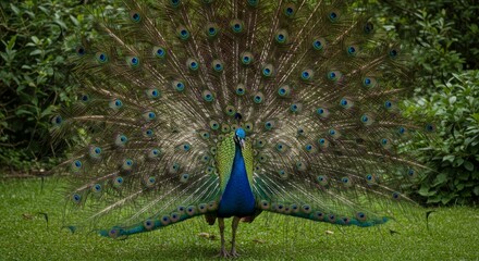 Obraz premium Majestic Peacock Display - A vibrant peacock displays its stunning plumage in a lush green garden setting. The intricate details of its feathers are beautifully showcased
