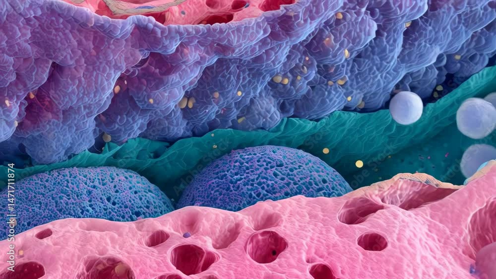 Poster detailed microscopic view showcasing cellular structures and processes in vibrant color tones, with 