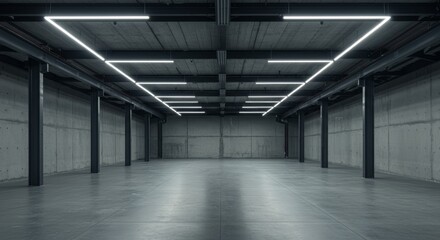 Obraz premium Modern Industrial Garage Interior with Bright Lighting - Empty, spacious industrial garage. Clean lines, bright overhead lights, concrete floor, and exposed structural elements create a modern