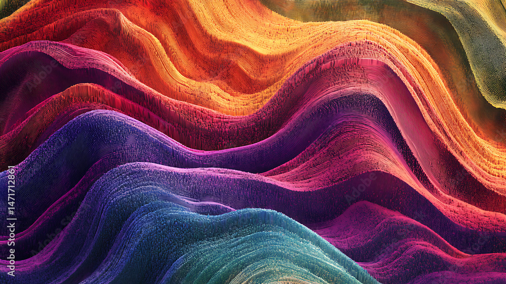 Poster abstract landscape of colorful wavy terrain with pixelated texture and gradient colors for modern ba