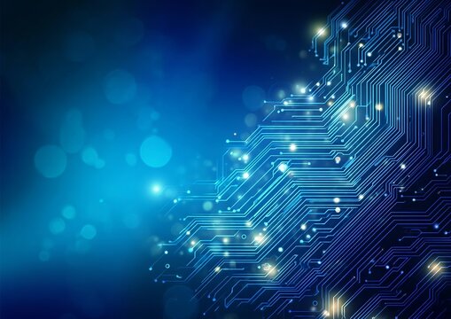Blue background with a circuit board pattern and glowing lights on the right side, creating an