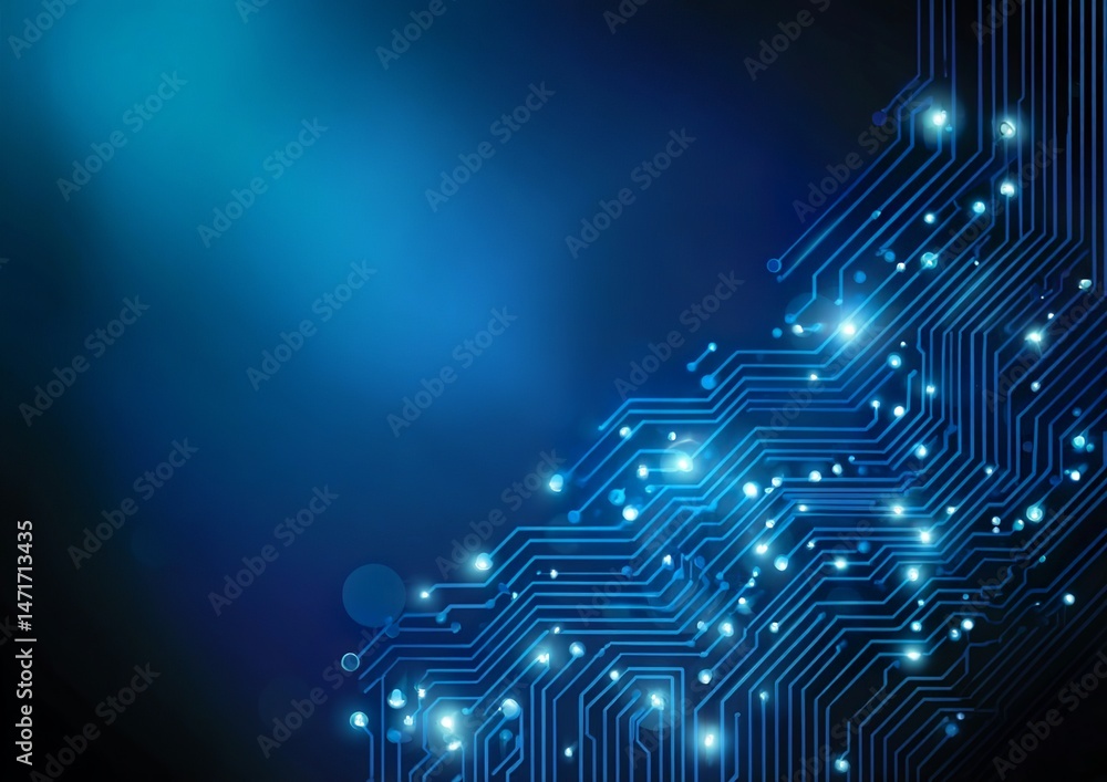 Aufkleber blue background with a circuit board pattern and glowing lights on the right side, representing