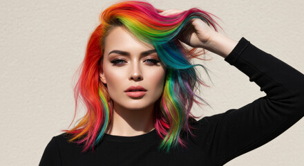 Naklejka premium Rainbow Hair Fashion Portrait - A vibrant fashion portrait of a woman with rainbow-dyed hair. Symbolizing creativity, individuality, self-expression, boldness, and freedom