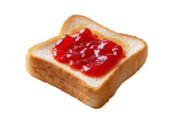 Toast and Berry Delight: A single, appetizing slice of toasted bread generously topped with vibrant red berry jam. A close-up shot showcases the tempting breakfast staple.