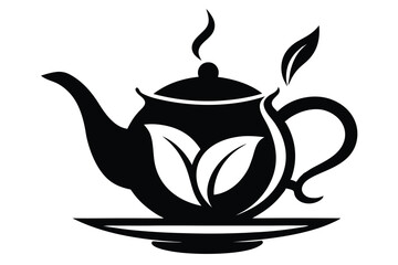 Black silhouette shows a teapot with leaves on a saucer emitting steam