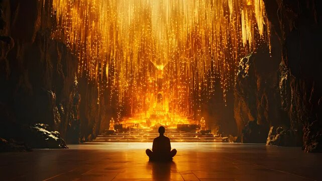 meditative light temple silhouette enlightenment in a futuristic temple, silhouette enlightenment beneath glowing light, silhouette enlightenment in sacred meditation hall glowing inner journey