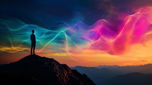 quantum light awakening silhouette enlightenment with energy waves, silhouette enlightenment at mountain sunset, silhouette enlightenment journey through radiant aura silhouette energy ascension