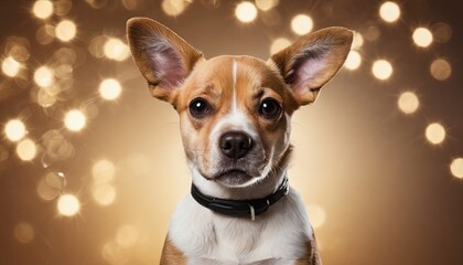 Cute dog with large ears posing against a blurred golden background filled with bokeh lights during a festive setting